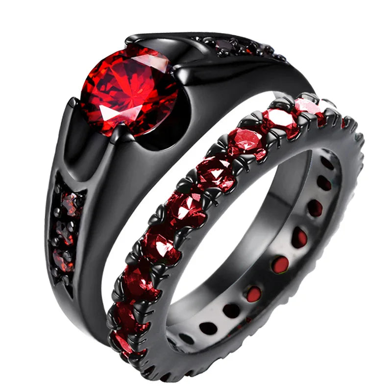 Red Rhinestone Wedding Ring Set - Stainless Steel Black Dragon Pattern Couple Bands for Men & Women