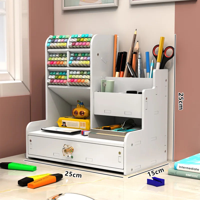 Wooden Desk Organizer - Pen Pencil Holder and Stationery Storage Box for Home Office & Bookshelf
