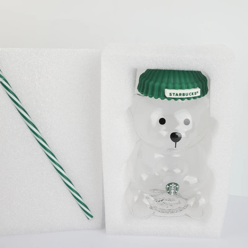 Starbucks Bearista Bear Glass Tumbler - 591ml 20oz Clear Cup with Green Lid & Straw