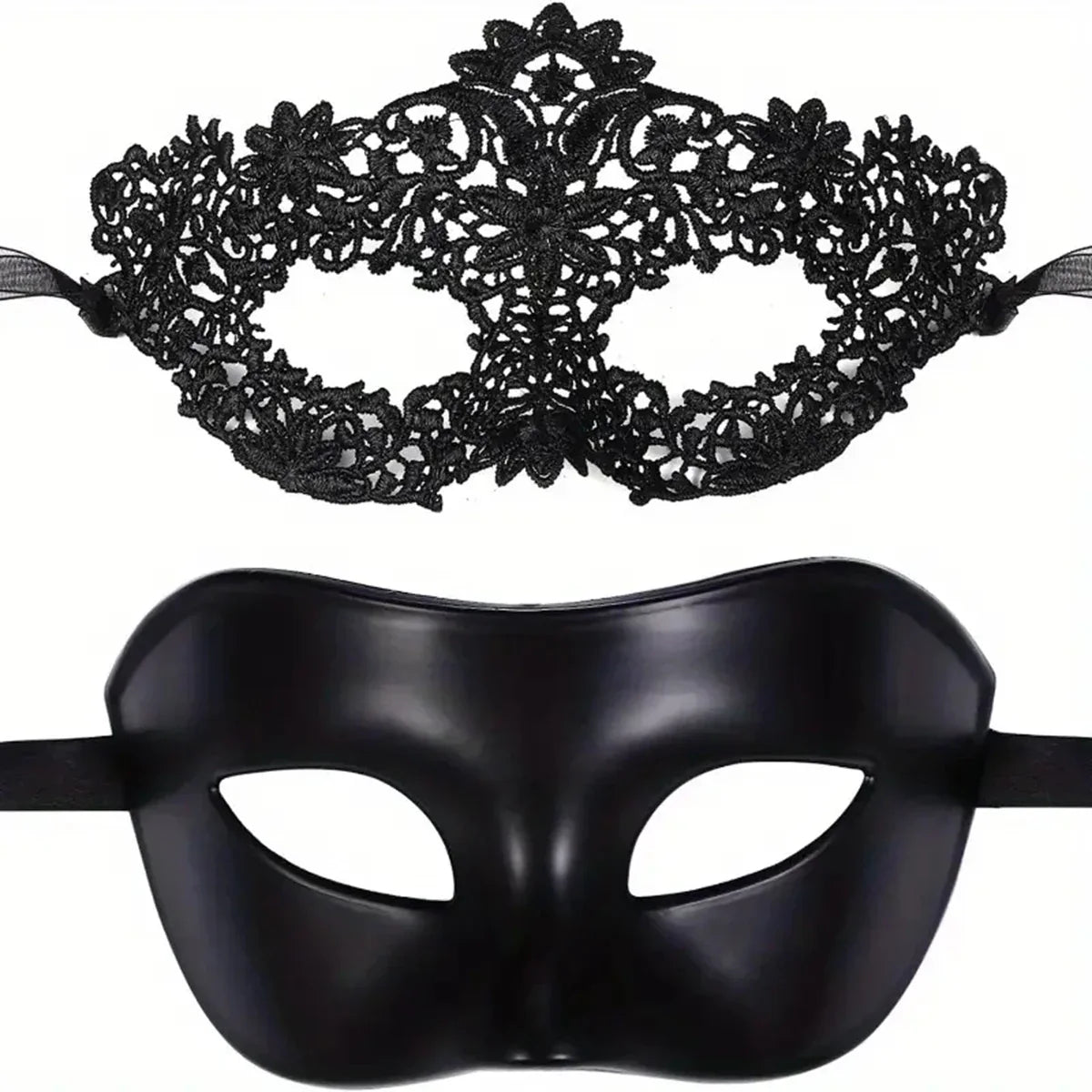 Elegant Black Lace Masquerade Mask Set โ Perfect for Couples, Venetian Parties, Mardi Gras & Halloween Celebrations