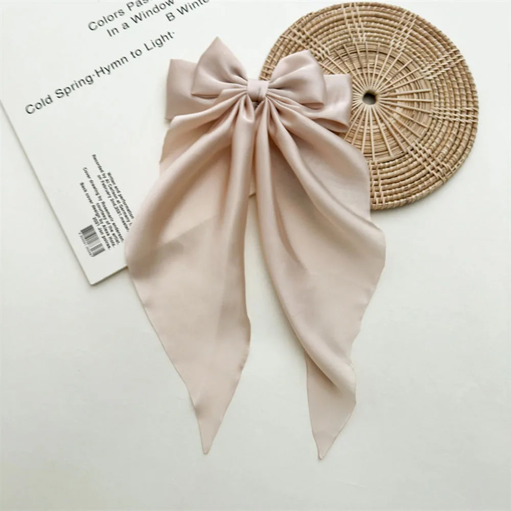 Ladies Satin Oversized Ribbon Bow Hair Clip – White, Pink, Red, Blue, Black, Long Tail Spring Clip for Ponytail Hair Accessories