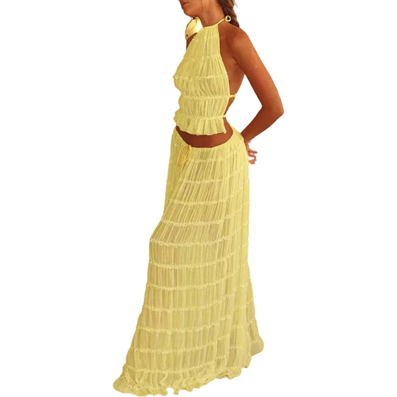 Women’s Boho Sexy Backless 2-Piece Set – Vintage Ruched Halter Cami Top & Maxi Skirt Beach Holiday Party Outfit
