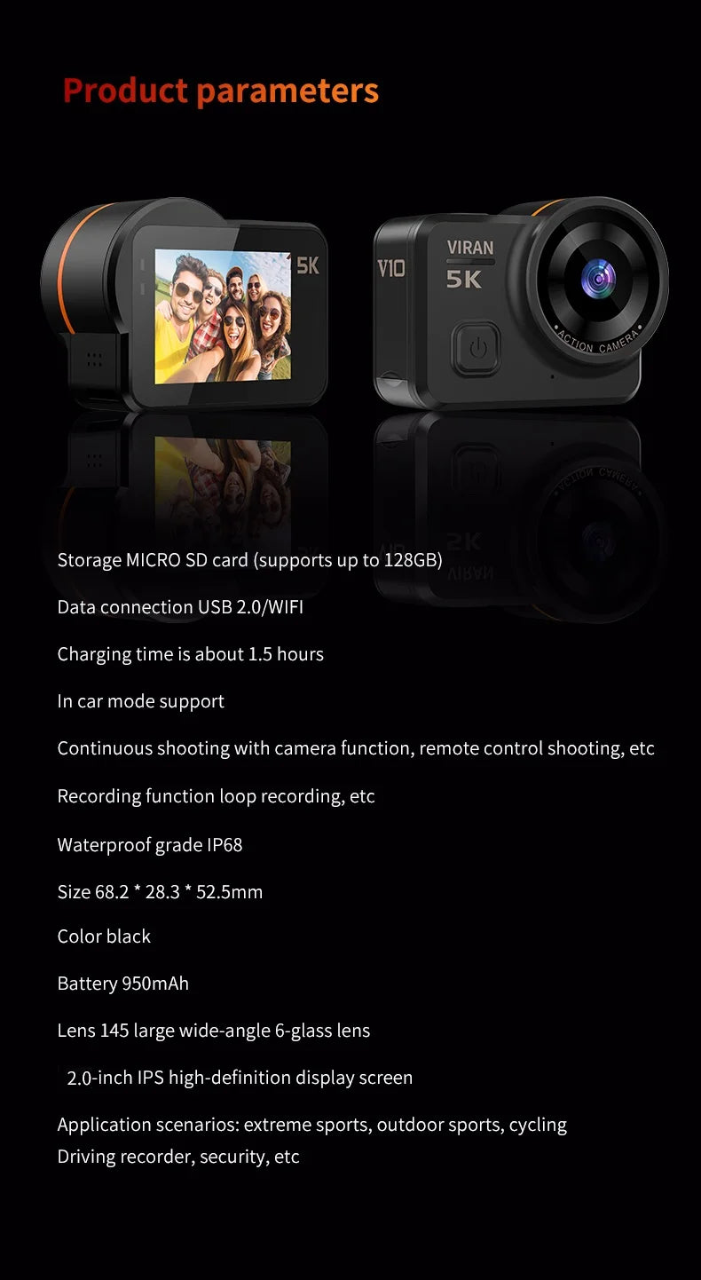 VIRAN V10 5K Waterproof Action Camera with 2" Touch LCD, Electronic Image Stabilization, Dashcam & Motion Detection