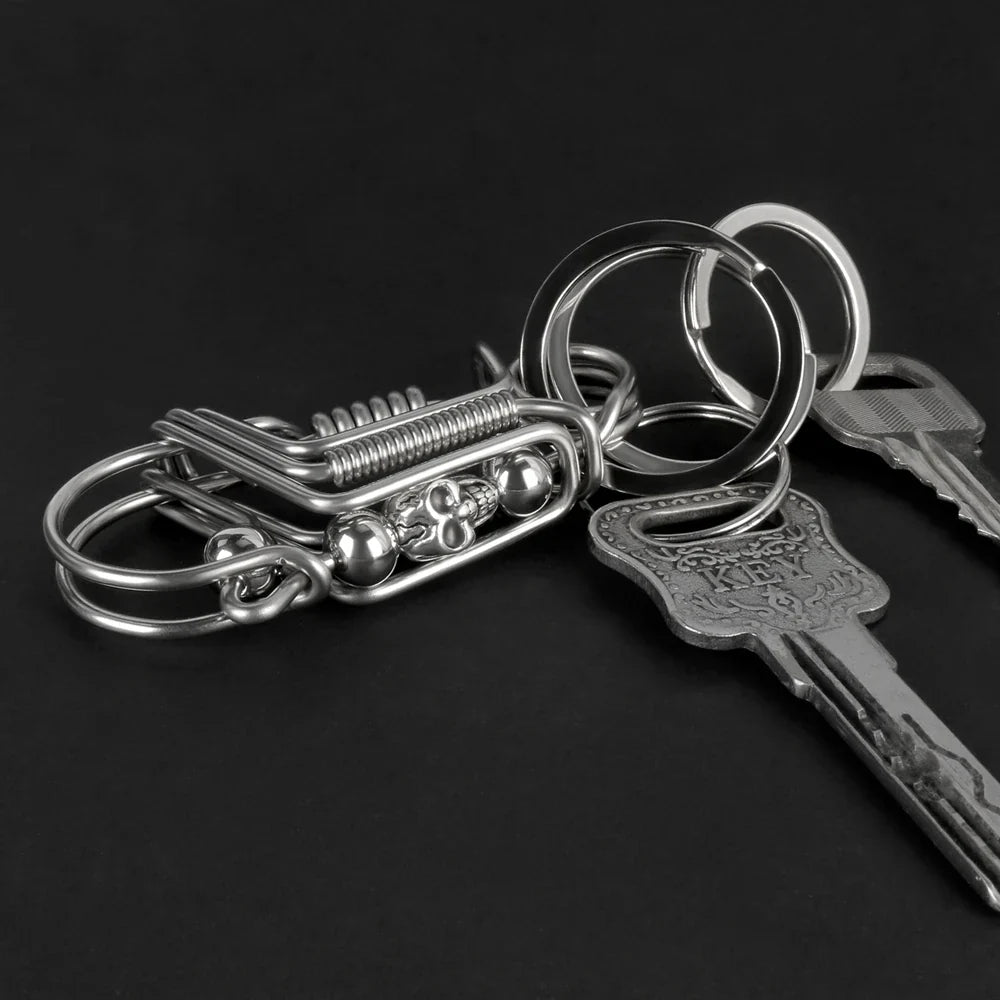 Stainless Steel Skull Keychain — Handmade Matte Round Bead Charm, Mechanical Car Key Ring for Men