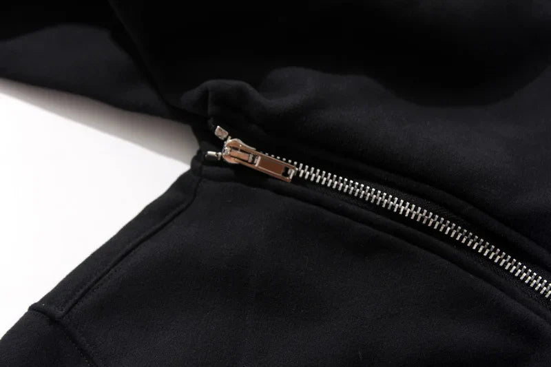 Men's Harajuku Zip Hoodie - Black Hip-Hop Streetwear Cardigan Sweatshirt Jacket