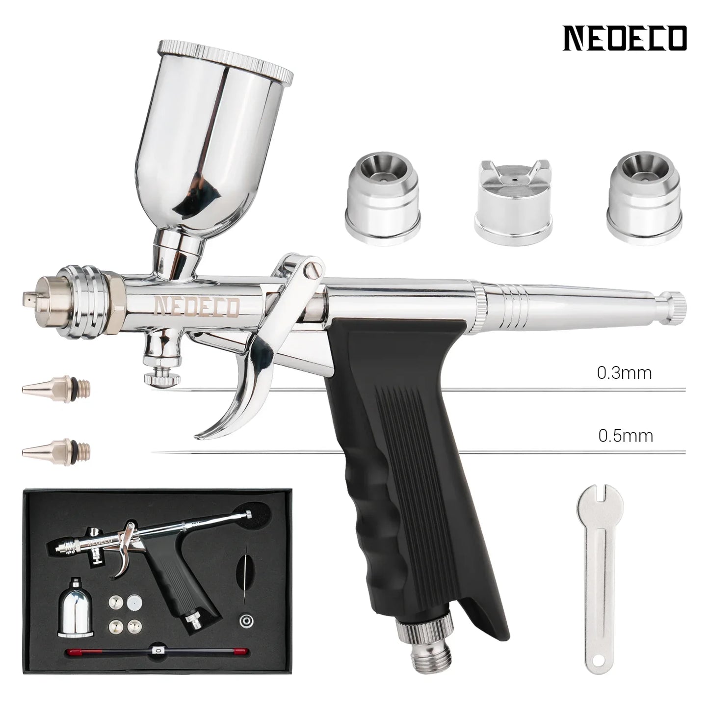 Gravity-Feed Dual-Action Airbrush — Pistol Grip Trigger Fan Spray Gun with 0.3mm/0.5mm Nozzles & 15CC Fluid Cups for Car Models & DIY