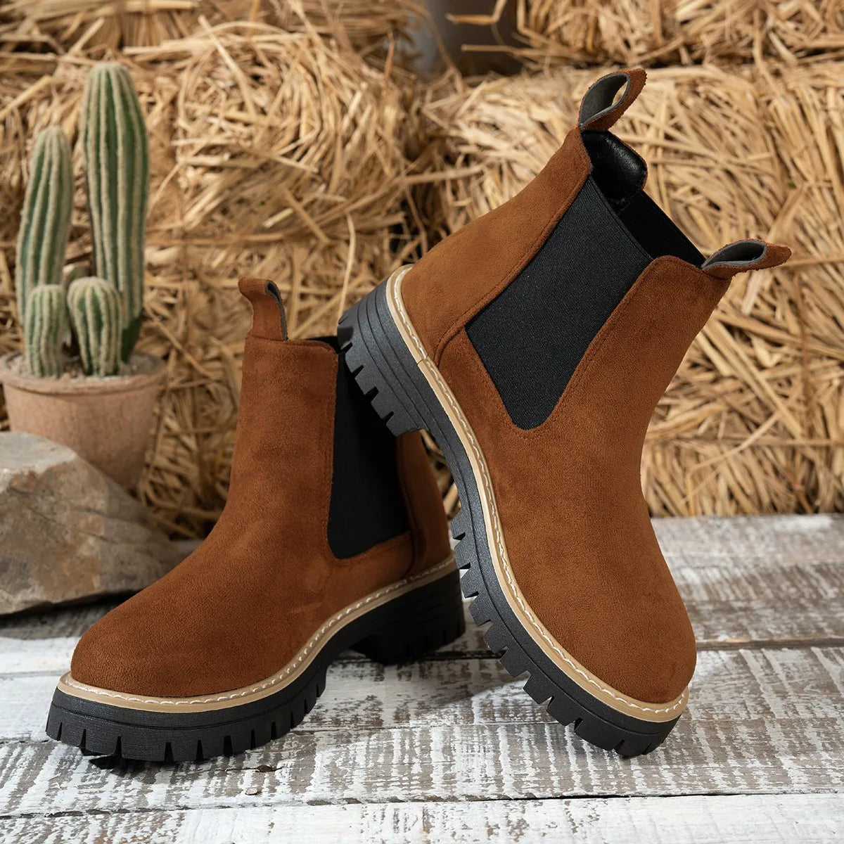 Women’s Winter 2025 Black Suede Ankle Boots – Platform Chelsea Casual Motorcycle Short Boots