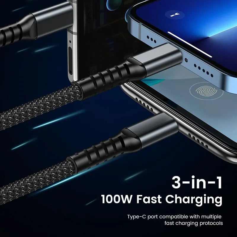 3-in-1 Fast Charging USB to Type-C Micro Charger Cable - 100W, 5A Compatible with iPhone 14, 13, Samsung, Xiaomi, Huawei