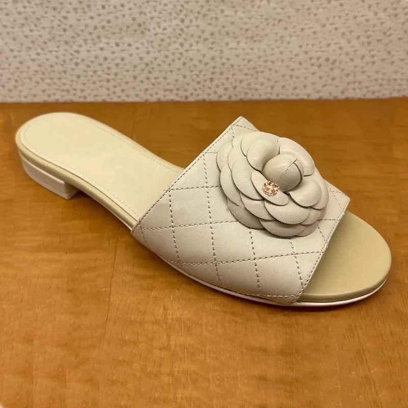 Luxury Women’s Flower Slippers — Camellia Open-Toe Slides for Home & Outdoor, Ladies Flip Flop Sandals