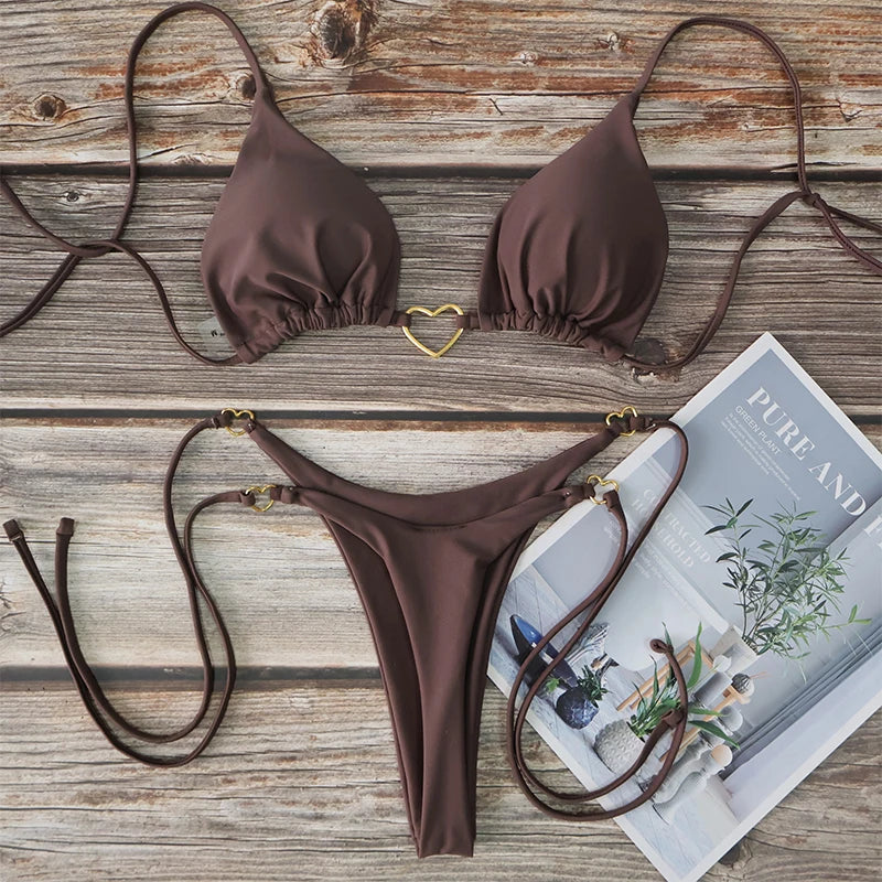 Women’s Sexy Halter Triangle Bikini Set – Solid Color Brazilian Thong Two-Piece Swimsuit