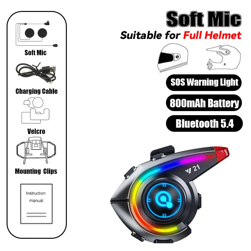 KEBIDUMEI Y21 Motorcycle Helmet Bluetooth Headset — Earphone Music Player with FM Radio & SOS Warning Light