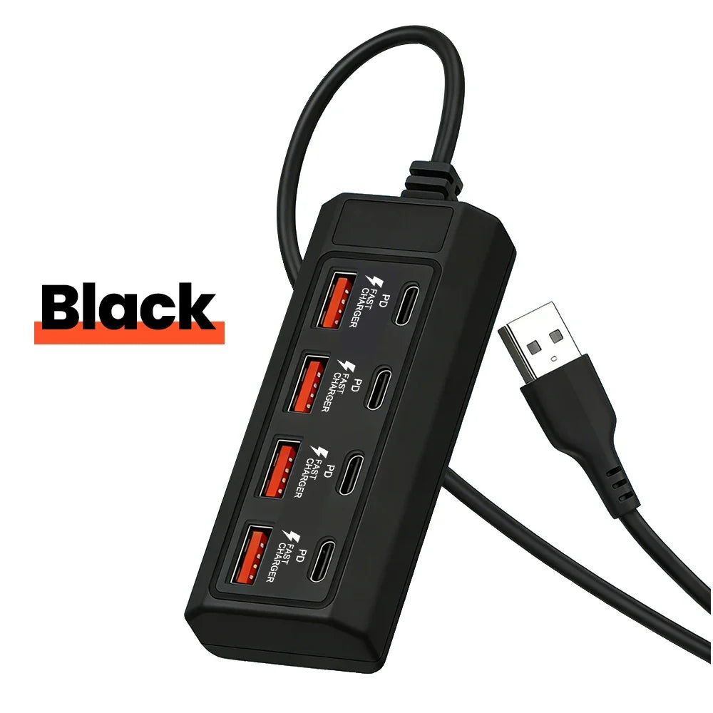 8-in-1 USB Power Outlet Adapter - 25W Fast Charging Docking Station with USB Splitter & Extension Socket