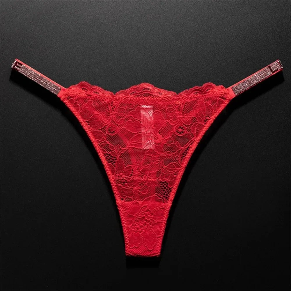 Women's Crystal Lace Thong - Sheer Transparent Breathable T-Back Lingerie Plus Size S-XL