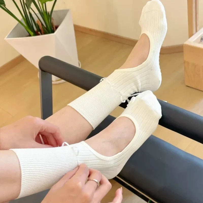 Elegant Mid-Calf Yoga Socks – Anti-Slip Backless Pilates & Dance Fitness Socks with Drawstring Bowknot Design