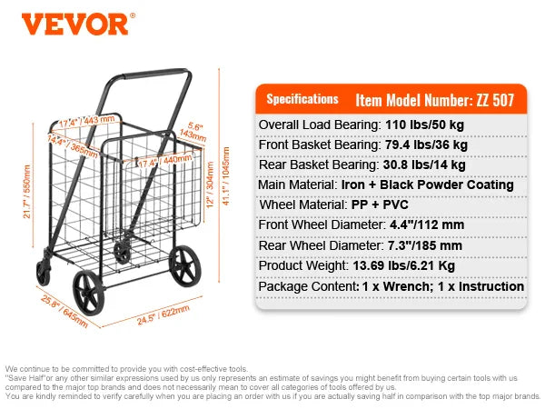 SucceBuy Folding Shopping Cart with Removable Waterproof Liner — Large Capacity 106/330LBS, 360° Swivel Wheels, Metal Mesh Base