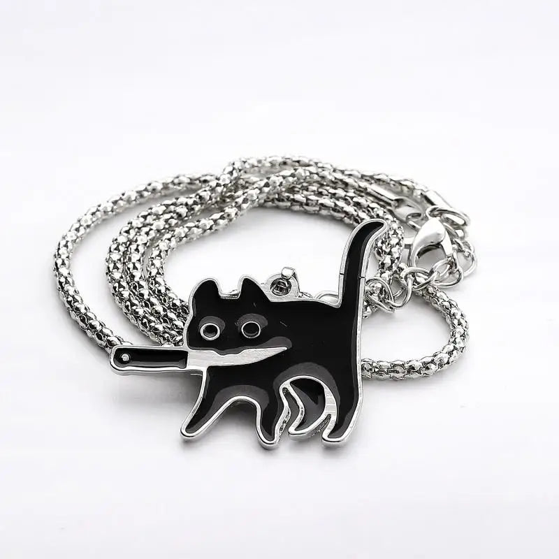 Hip Hop Fashion Knife Cat Necklace - Black Cat Pendant for Women & Men, Kpop Style, Sweater Chain Jewelry, Party Gift 2023