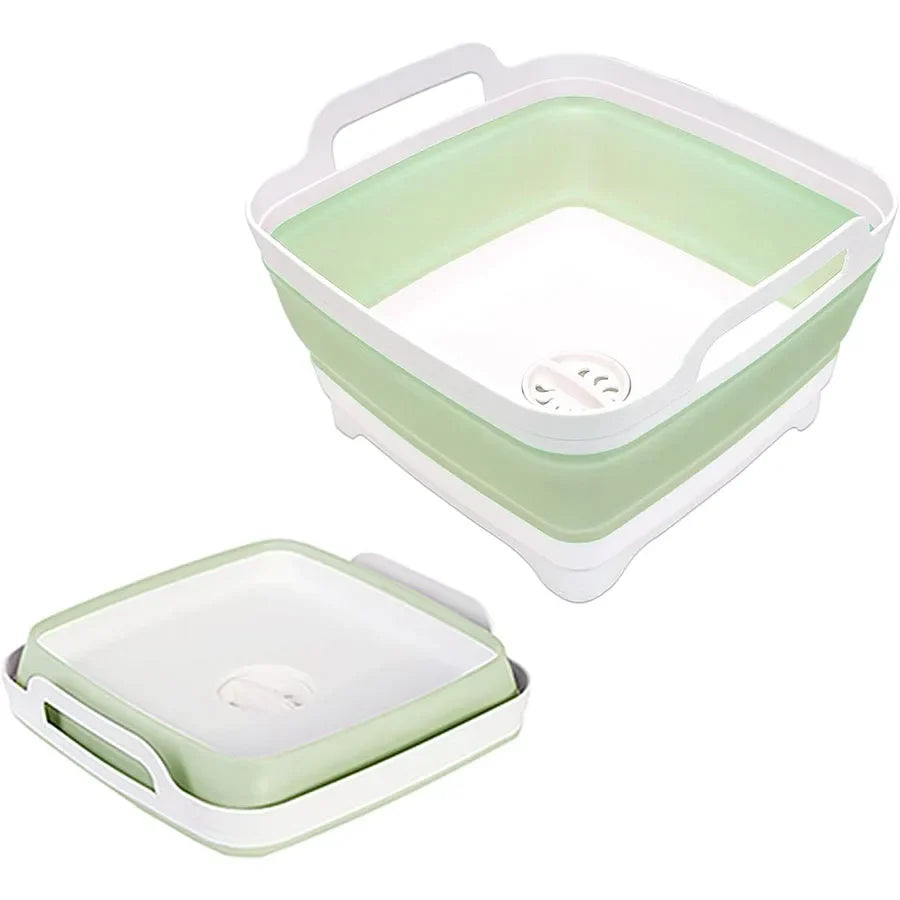 9L Collapsible Wash Basin - Portable Plastic Sink with Drain Plug for Vegetables, Fruits, Dishes & Storage