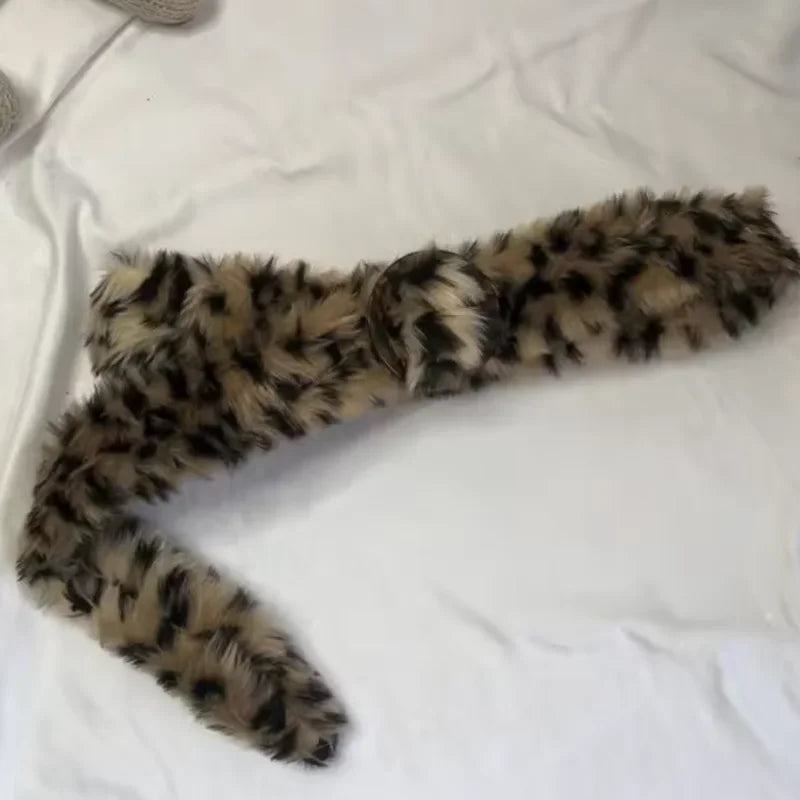 Y2K Leopard Print Faux Fur Waist Belt for Women – Plush Autumn Winter Fashion Accessory