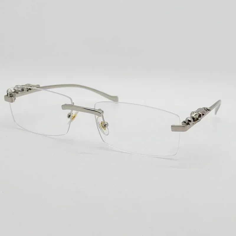 Rimless Fashion Eyeglasses Frames – Unisex Cheetah Detail Business Style Lightweight Designer Glasses for Women & Men