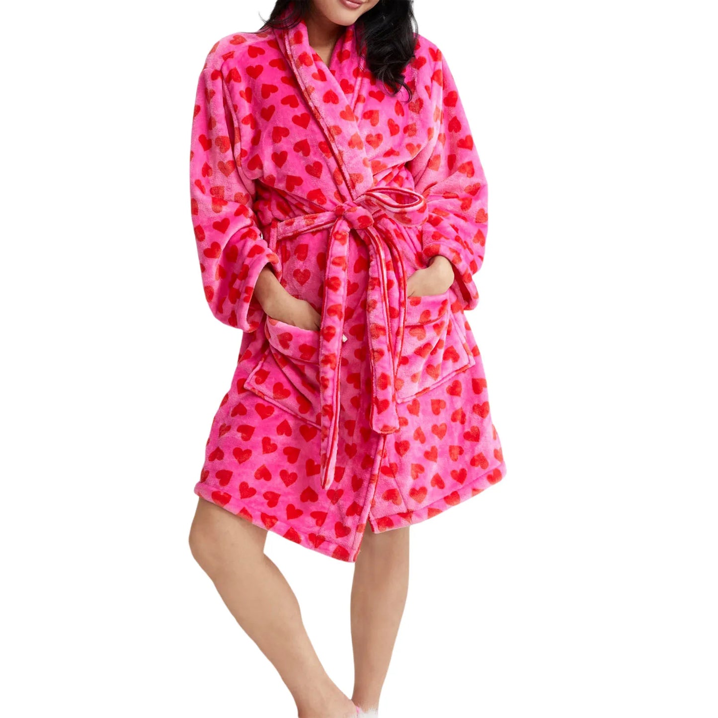 Women’s Winter Plush Robe – Long Sleeve Lapel Tie-Up with Stripe, Heart & Candy Prints Loungewear