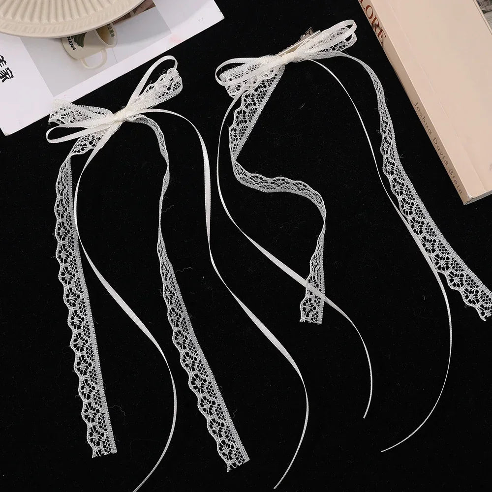 2pcs Korean Fashion Lace Bow Hairpins – White Ribbon Hair Clips for Women & Girls, Top Clip, Female Hair Accessories & Gifts