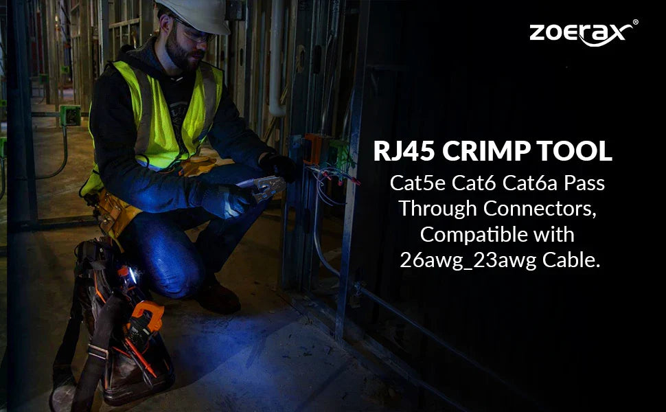 ZoeRax Pass-Through RJ45 Crimping Tool — All-in-One Crimper & Cutter for Cat6a/Cat6/Cat5 8P8C Ethernet