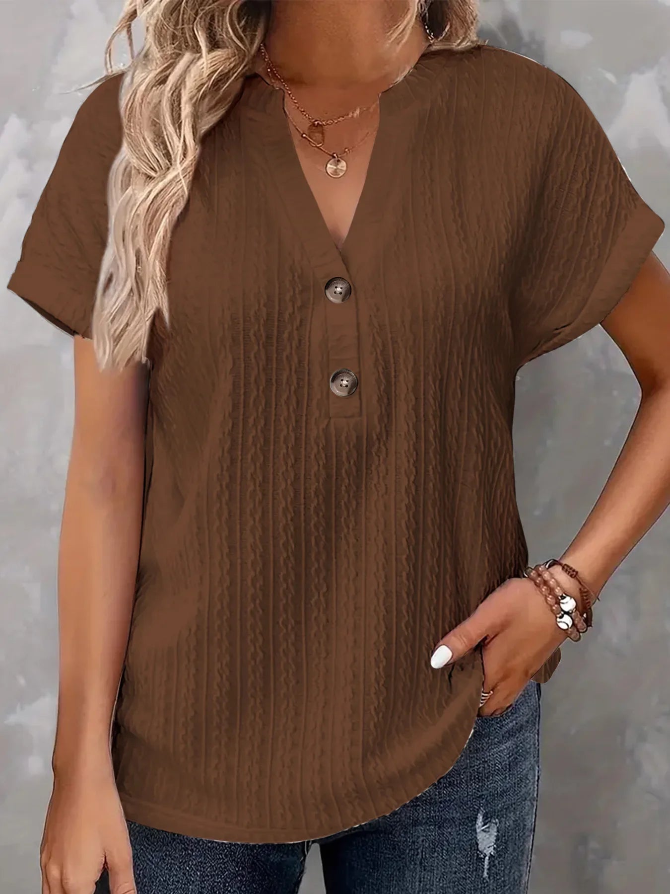Women’s Casual Short Sleeve V-Neck Button Blouse – Loose Fit Summer Pullover Fashion Shirt