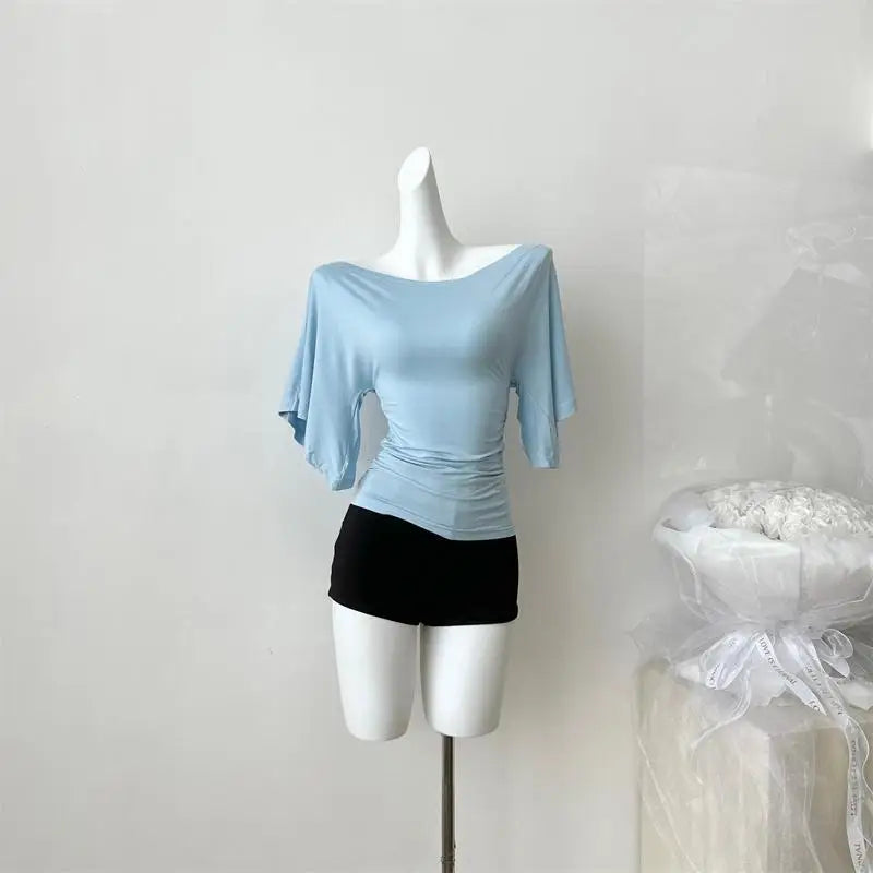 Women’s High Stretch Slash Neck Top - Slim Fit Flare Sleeve Pleated Summer Solid Color T-Shirt