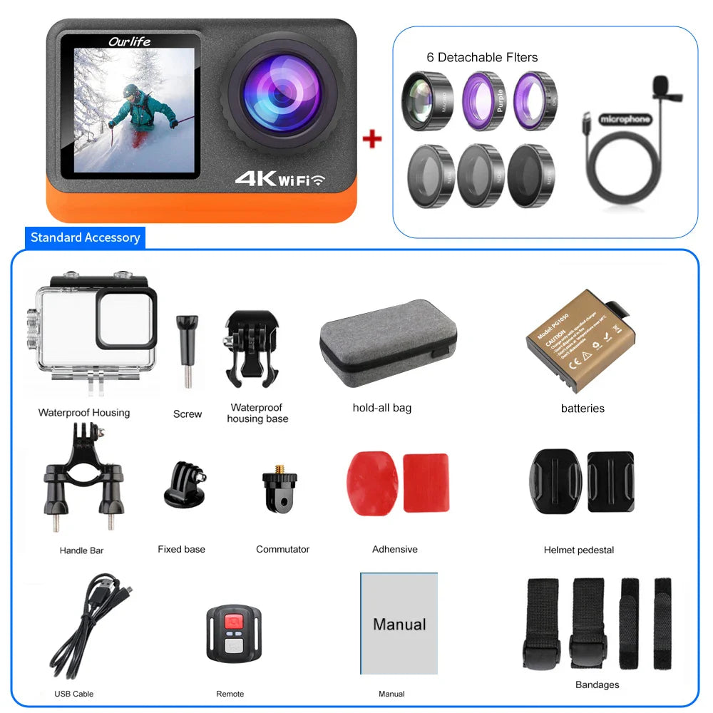 Ourlife 4K 60FPS Action Camera – 24MP WiFi Sports Camera with 2.0” Touch IPS Screen, 170° Wide Angle, EIS Stabilization, 30M Waterproof Case & 4X Zoom for Helmet & Outdoor Recording