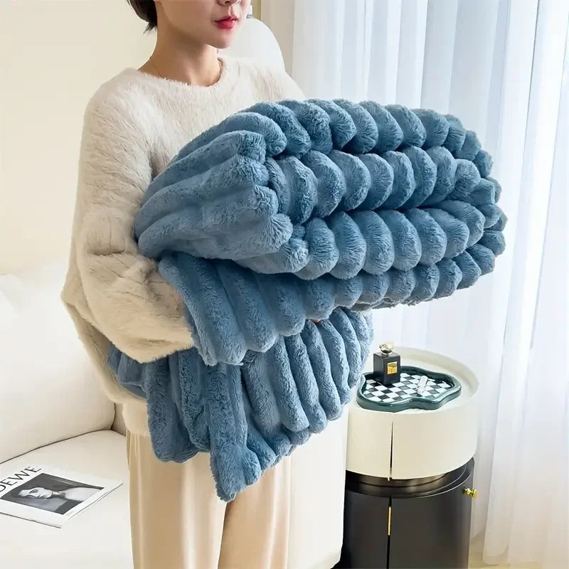 Simplicity Solid Color Flannel Blanket – Thick Wide Stripe Multifunctional Warm Blanket for Autumn & Winter