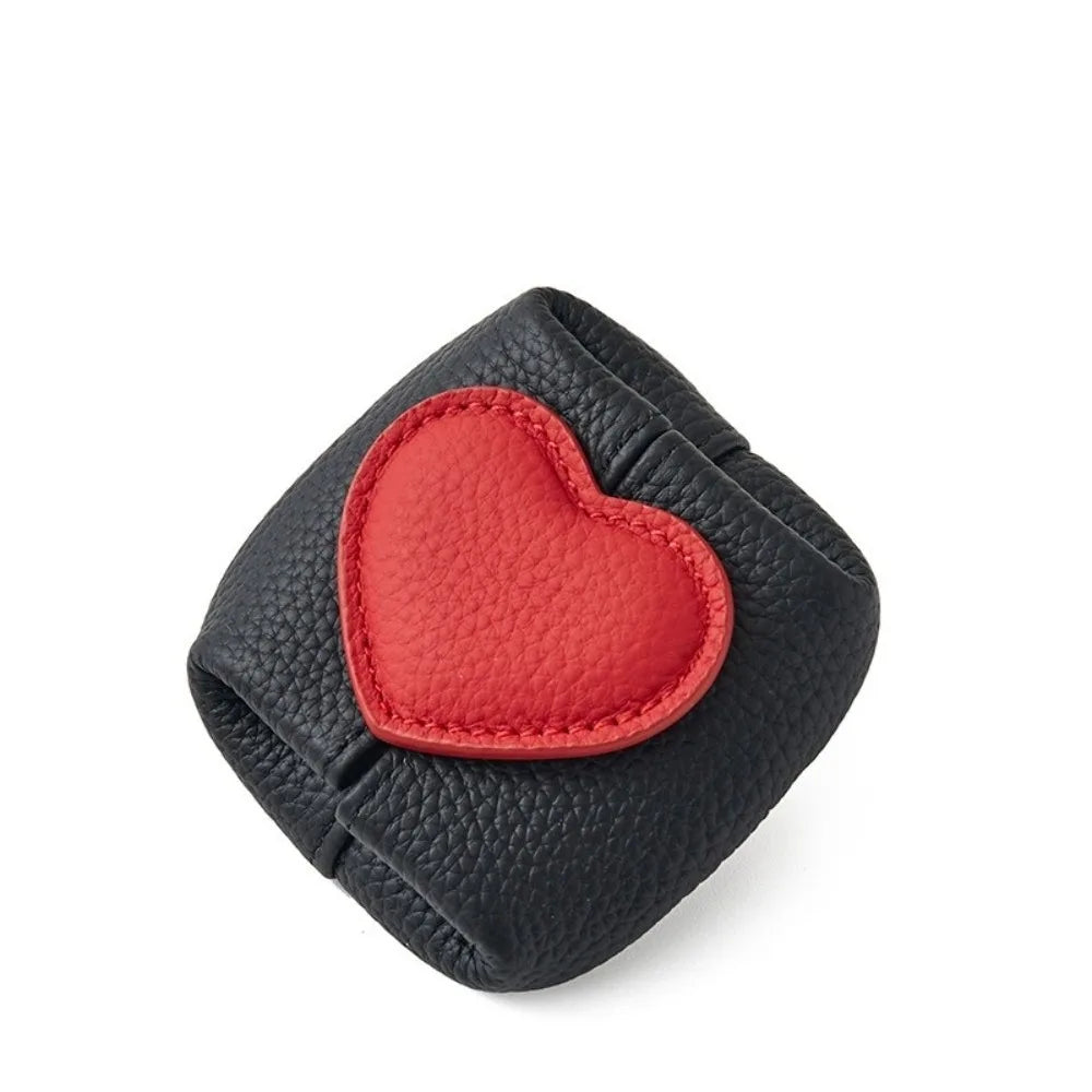 Casual Solid Color Cowhide Coin Purse – Love Heart Square Multi-Function Small Bag for Coins, Earphones & Gifts