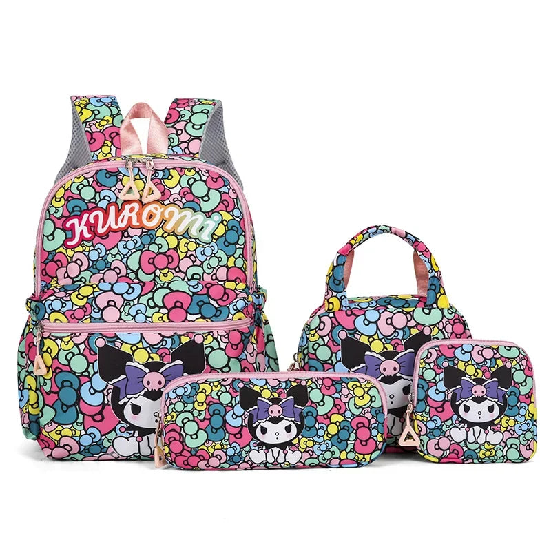 4pcs Kuromi & Hello Kitty Sanrio Backpack Set – Includes Pencil Case, Shoulder Bag, Wallet & Melody Daypack
