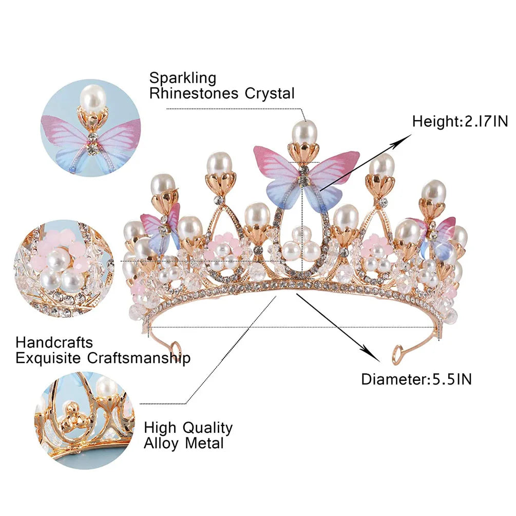 Model Catwalk Princess Crown - Handmade Butterfly Pearl Headband Tiara for Girls