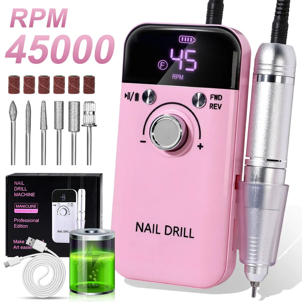 45000RPM Electric Nail Drill – Professional Rechargeable Nail File for Gel Nails, Portable Manicure Tool
