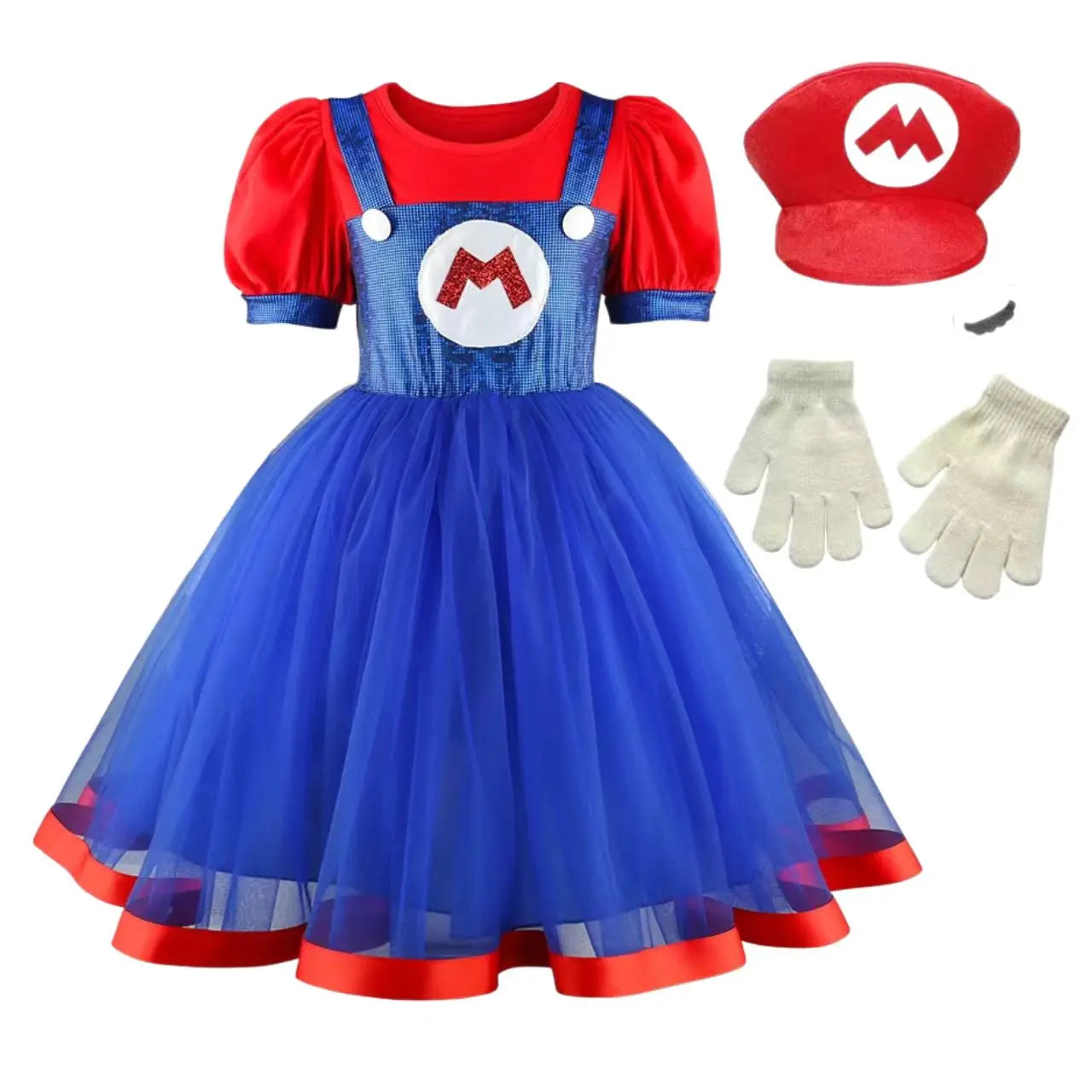 Girls Super Bros Cosplay Dress Set - Puff Sleeve Halloween & Birthday Party Costume