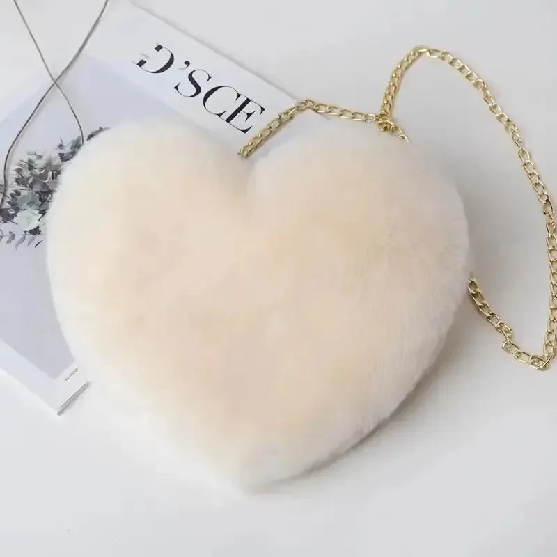 Heart-Shaped Fluffy Shoulder Bag – Fashion Chain Crossbody Plush Handbag & Cute Zipper Purse for Valentine's Day