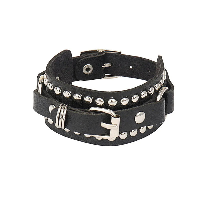 90s Punk Style Bracelet – PU Leather with 3 Rows of Spikes & Square Studs, Fashion Bangle for 2024
