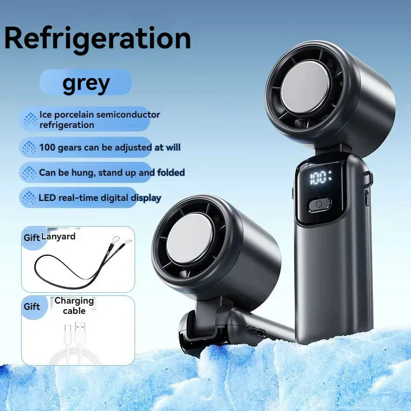 2025 Portable Hanging Ice Pack Neck Fan – High-Speed Folding Handheld Fan with 100-Speed Infinitely Adjustable Cooling for Outdoor Use