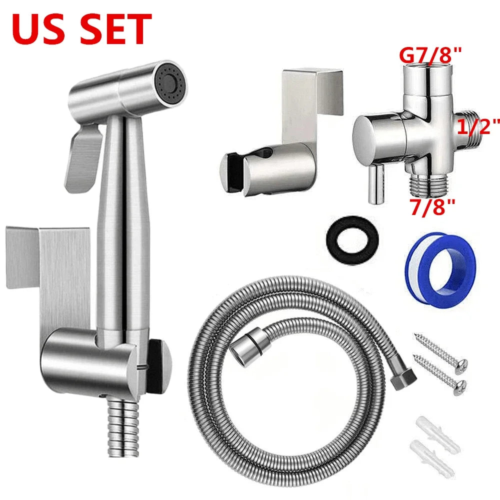 Handheld Stainless Steel Toilet Bidet Sprayer — Bathroom Hand Sprayer Shower Head with Self-Cleaning, No-Punch Installation