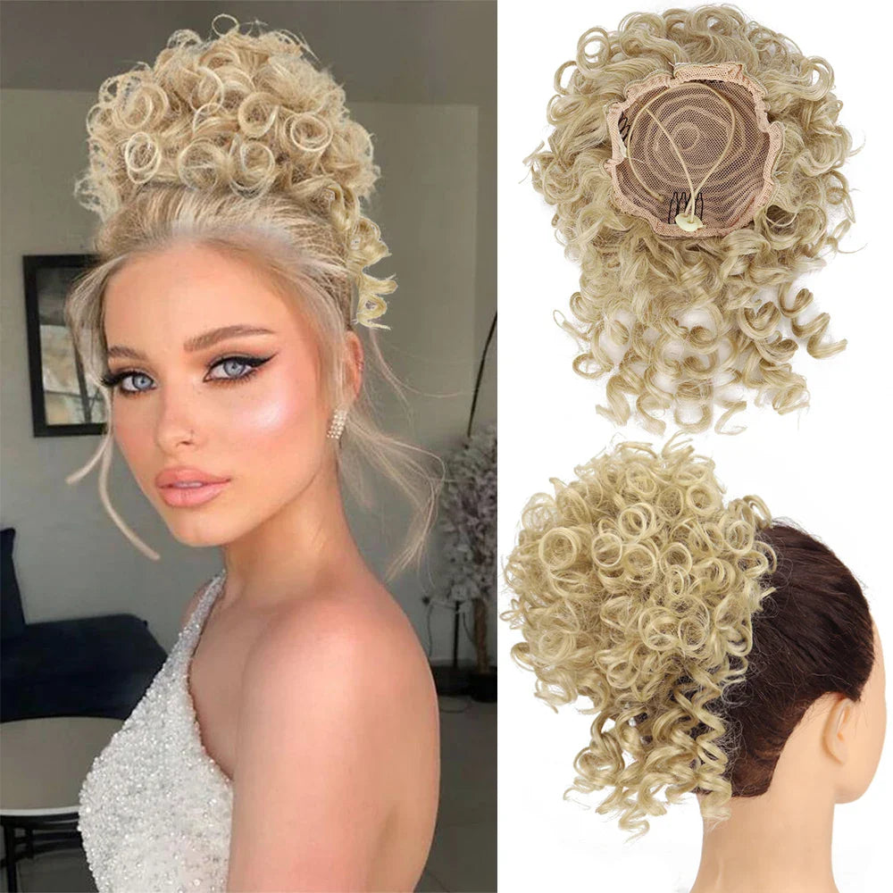 Synthetic Messy Bun Hair Piece – 60g Elastic Drawstring Curly Wave Hair Bun Extension for Women (Dark Brown)