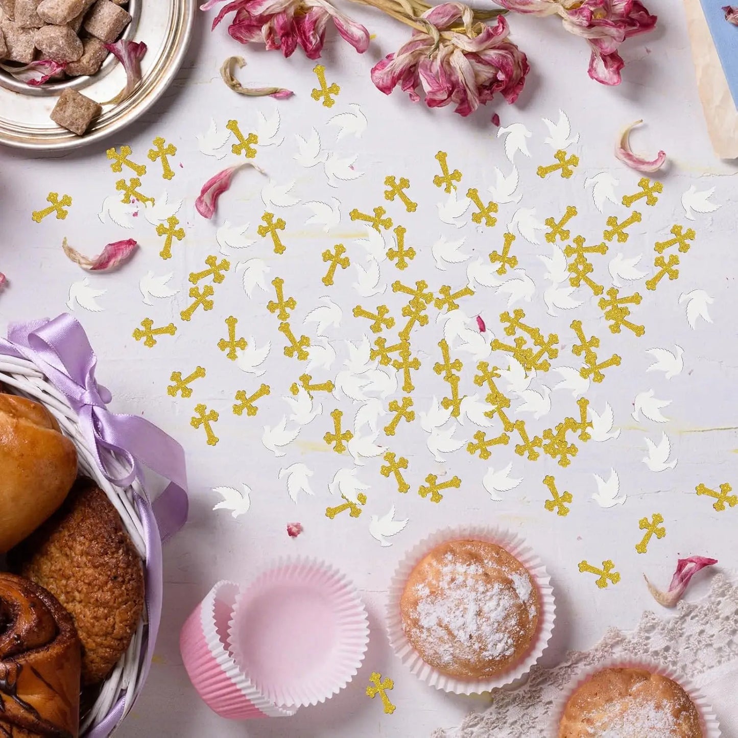 100PCS Glitter Cross & Dove Confetti – Elegant Wedding, Baptism & Birthday Religious Party Decorations