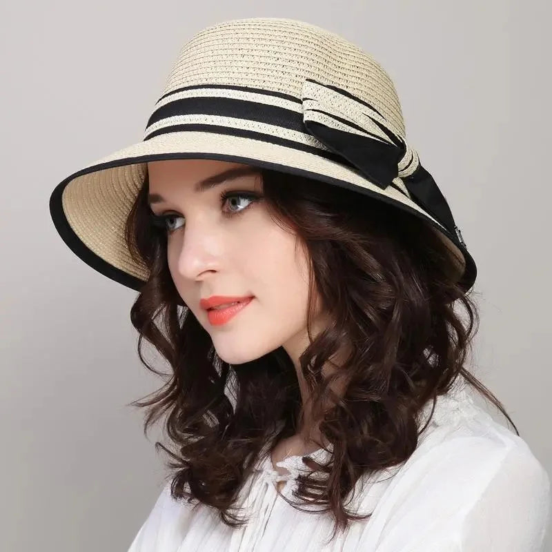 Muchique Women’s Summer Boater Hat – Wide Brim Straw Beach & Travel Hat with Casual Bow