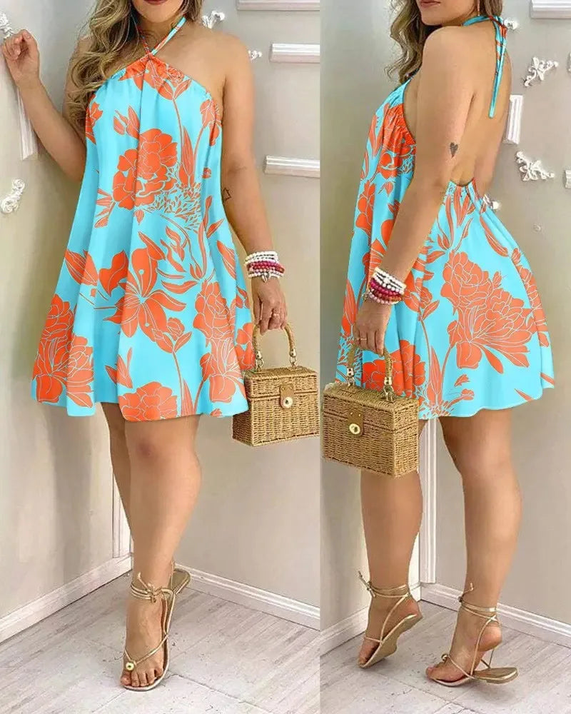 Women’s Tropical Print Halter Neck Backless Dress – Spring Summer Vacation Beach Party Sundress