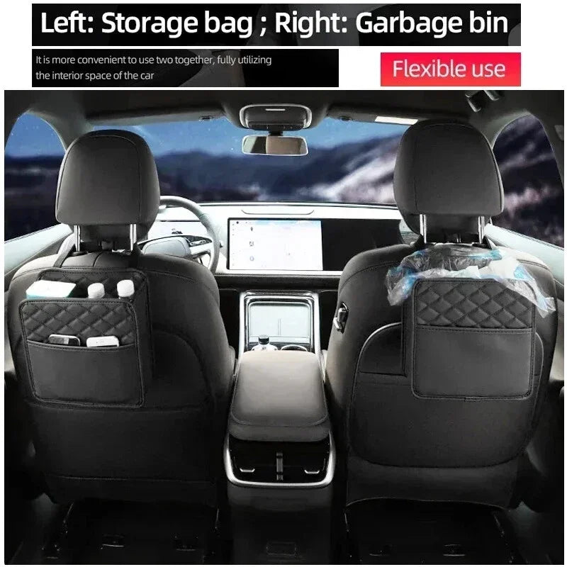 Multifunctional Car Seat Storage Bag – Leather Auto Organizer & Trash Bag Universal Fit for Most Car Models, Car Interior Storage Solution