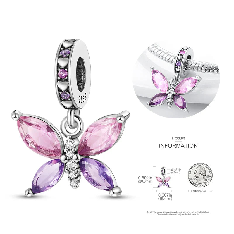 925 Silver Butterfly Dangle Charm – Blue & Yellow Glass for 3mm Original Bracelet, DIY Jewelry Gift