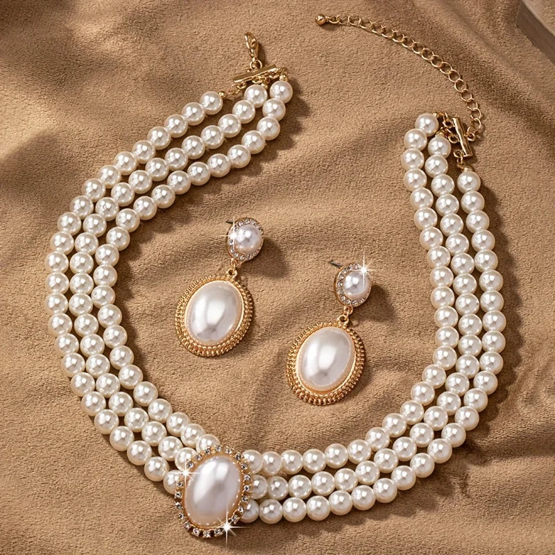 Imitation Pearl Necklace & Pendant Earrings Set - Elegant Women's Jewelry
