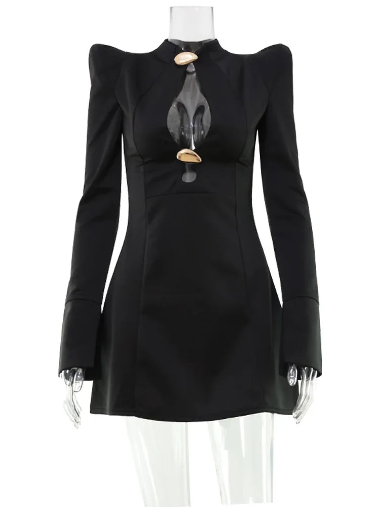 CNYISHE Women’s Metal Buckle Hollow Out Bodycon Dress – Long Sleeve O-Neck Sexy Club Sheath Chic Autumn Fashion Slim Fit Robe