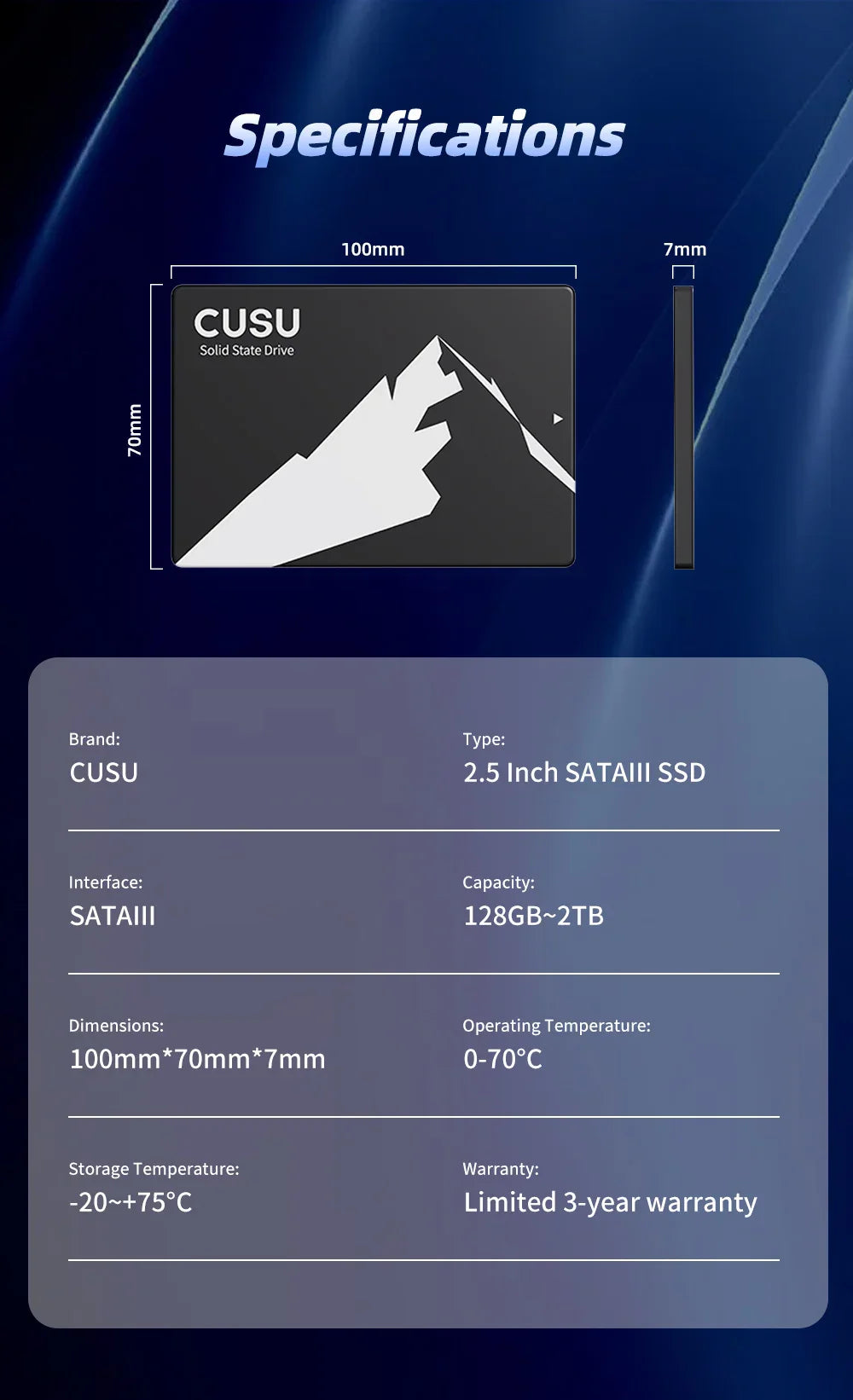 CUSU 2.5" SATA SSD – 128GB/256GB/512GB/1TB/2TB Solid State Drive for Laptop & PC