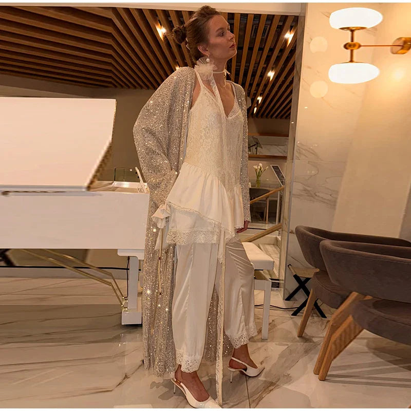 Women’s Sparkly Sequin Maxi Coat – Luxury Open Front Long Sleeve Outerwear