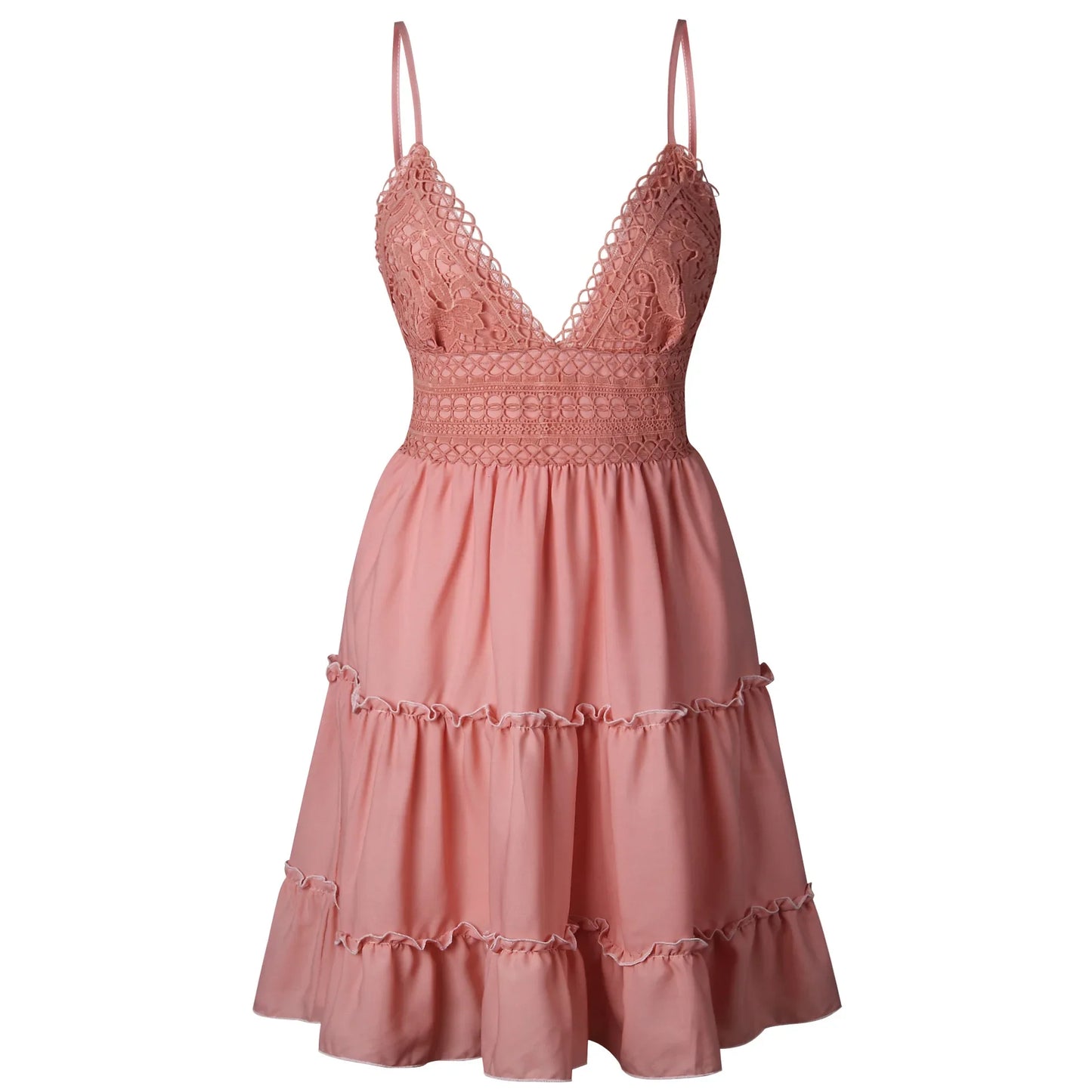 Women’s Summer Solid Color Lace Strap Dress – Elegant Sexy Splicing Vacation Beach Sundress for Holiday Wear